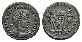 Constantius II (Caesar, 324-337). Æ (16mm, 2.49g, 12h). Antioch, 330-5. Laureate and cuirassed bust r. R/ Two soldiers flanking two standards; SMANH. ...