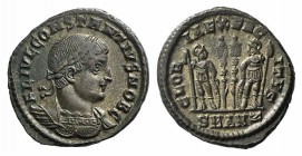 Constantius II (Caesar, 324-337). Æ (18mm, 2.53g, 12h). Antioch, 330-5. Laureate and cuirassed bust r. R/ Two soldiers flanking two standards; SMANZ. ...