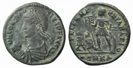 Constantius II (337-361). Æ (22mm, 3.65g, 12h). Cyzicus, 348-350. Diademed, draped and cuirassed bust l., holding globe. R/ Emperor standing l., holdi...