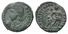Constans (337-350). Æ Centenionalis (20mm, 4.36g, 12h). Antioch, 347-8. Pearl-diademed, draped and cuirassed bust l., holding globe. R/ Soldier, advan...