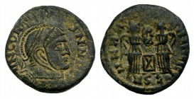 Barbaric issue, imitating Constantine I, c. 5th century AD. Æ (16mm, 2.78g, 7h). Laureate, helmeted and cuirassed bust r. R/ Two Victories standing vi...