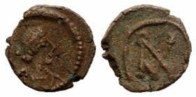 Anastasius I (491-518). Æ Nummus (9mm, 0.68g, 6h). Nicomedia or Antioch. Diademed, draped and cuirassed bust r. R/ Monogram. MIBE 40 or 64; Sear 31 or...