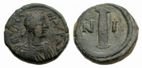 Justinian I (527-565). Æ 10 Nummi (17mm, 4.36g, 6h). Constantinople. Diademed and draped bust r. R/ Large I, between N – I. MIBE 110; DOC –; Sear 204a...
