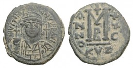 Justinian I (527-565). Æ 40 Nummi (35mm, 17.24g, 6h) Cyzicus, year 25 (552/3). Diademed, helmeted and cuirassed bust facing, holding globus cruciger; ...