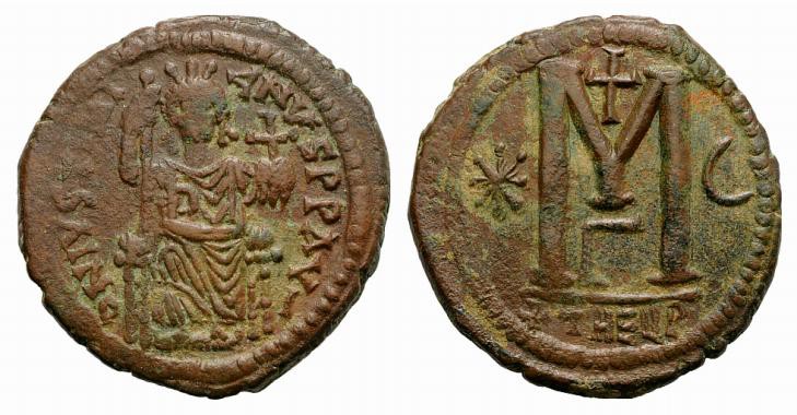 Justinian I (527-565). Æ 40 Nummi (32mm, 17.35g, 6h). Theoupolis (Antioch), c. 5...