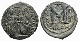 Justin II and Sophia (565-578). Æ 40 Nummi (31.5mm, 13.47g, 6h). Theoupolis (Antioch), year 8 (572/3). Nimbate figures of Justin and Sophia seated fac...