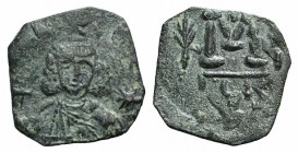 Justinian II (First reign, 685-695). Æ 40 Nummi (21mm, 1.64g, 6h). Syracuse, 692-3. Justinian enthroned facing, holding globus cruciger and akakia; st...