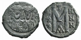 Leo III and Constantine V (717-741). Æ 40 Nummi (22mm, 4.99g, 6h). Constantinople, c. 735-741. Crowned facing busts of Leo and Constantine, each holdi...