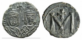 Michael II and Theophilus (820-829). Æ 40 Nummi (19mm, 3.20g, 6h). Syracuse, 821-9. Crowned facing busts of Michael and Theophilus. R/ Large M; cross ...