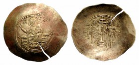 John II Comnenus (1118-1143). EL Aspron Trachy (34mm, 4.43 g, 6h). Constantinople, 1122-1143(?). Christ Pantokrator seated facing on throne. R/ John a...