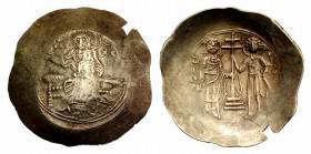 John II Comnenus (1118-1143). EL Aspron Trachy (32mm, 4.62g, 6h). Constantinople, 1122-1143(?). Christ Pantokrator seated facing on throne. R/ John an...