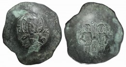 Alexius III (1195-1204). BI Aspron Trachy (31mm, 3.53g, 6h). Constantinople. Bust of Christ facing. R/ Alexius and St. Constantine standing facing, ho...