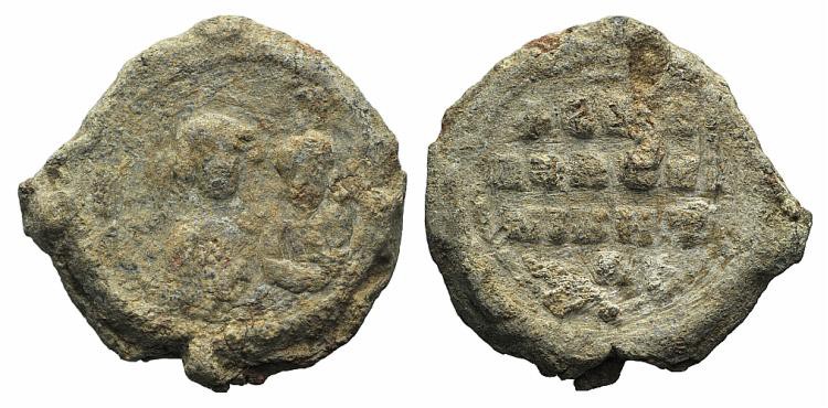 Byzantine Pb Seal, c. 7th-12th century (26mm, 13.71g, 12h). Two busts facing. R/...