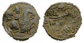 Islamic, Seljuqs of Rum, Sulayman II (AH 592-600/1196-1204). Æ Dirham (30mm, 5.25g, 3h). Nimbate horseman galloping r. R/. Arabic legend. Hennequin 16...