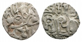 Afghanistan, Indian Empire, 10th-12th century AD. AR Drachm (17mm, 3.18g). Horseman r. R/ Bull l., head r. VF
