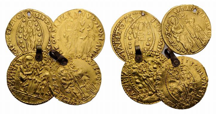 Crusaders, lot of 4 imitative Venetian Zecchini, two holed and two with suspensi...