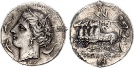 Ancient Greece Tetradrachm 310 - 305 BC Sicily Syracuze, Agathokles
SNG ANS 638; Silver 16,84 g; Obv: Wreathed head of Artemis-Arethusa left, three d...