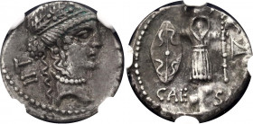 Roman Empire Denarius 44 BC Juilius Caesar
Crawford# 452/2, CRI# 11, Sydenham# 1009, Kestner# 3558, BMCRR Rome 3955, RSC# 18; Silver 4,12 g; Military...