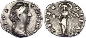 Roman Empire Denarius 148 - 161 AD Faustina Posthumous
3,37 g; Obv: DIVAFAVSTINA - Draped bust right. Rev: AETERNITAS - Aeternitas standing left, hol...