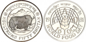 Bhutan 50 Ngultrums 1981 with Original Case
KM# 54; N# 77480; Silver; Jigme Singye; FAO World Food Day 1981; Mintage 5000; UNC Proof