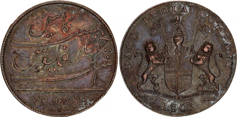 British India Madras 20 Cash 1803
KM# 321; N# 6730; Copper; XF