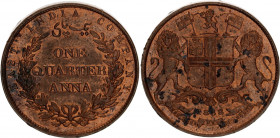 British India 1/4 Anna 1858
KM# 463.1; Bronze; Victoria; East India Company; Mint: J. Watt & Sons, Birmingham; AUNC