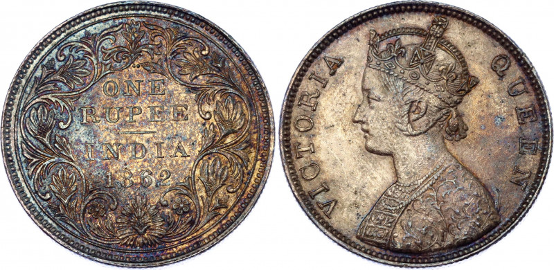 British India 1 Rupee 1862 B
KM# 473; Type B Bust, Type II Reverse, 2/0; Silver...