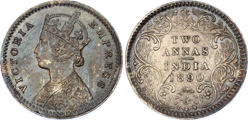 British India 2 Annas 1890 C Overstrike
KM# 488; Type B Bust, Type II Reverse; ...
