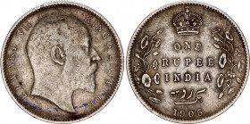 British India 1 Rupee 1905 C
KM# 508; Silver; Edward VII; Mint: Calcutta; VF Toned