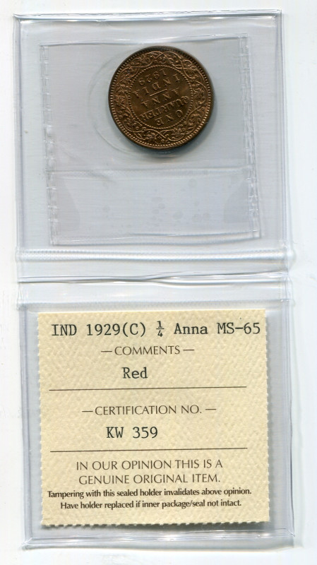British India 1/4 Anna 1929 C ICCS MS 65
KM# 512; Bronze; George V; With full m...