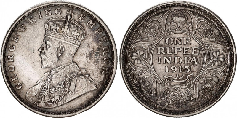 British India 1 Rupee 1913 B
KM# 524; Silver; George V; Mint: Bombay; AUNC Tone...