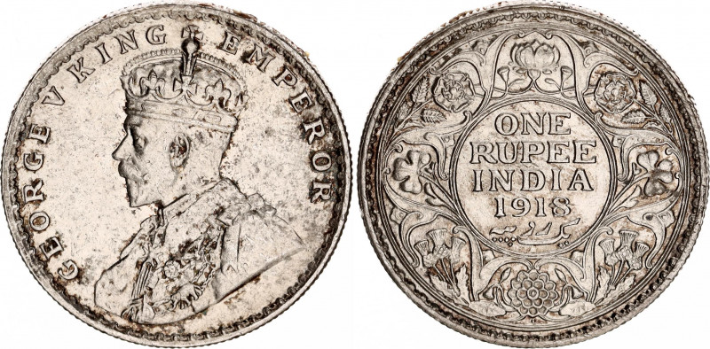 British India 1 Rupee 1918 B
KM# 524; N# 4851; Silver; George V; Mint: Bombay; ...