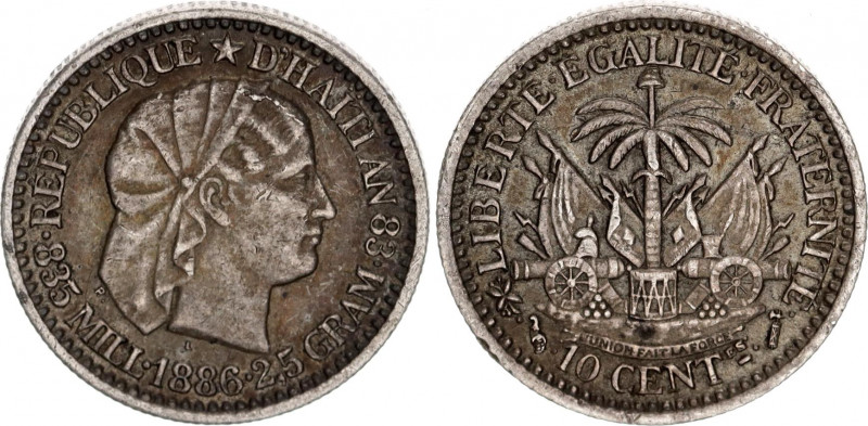 Haiti 10 Centimes 1886 AN 83
KM# 44; Silver; 1st Republic; Mint: Paris; XF Tone...