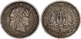 Haiti 10 Centimes 1886 AN 83
KM# 44; Silver; 1st Republic; Mint: Paris; XF Toned