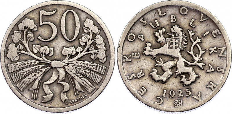 Czechoslovakia 50 Haleru 1925 Key Date
KM# 2, Schön# 6; N# 3970; Copper-nickel;...