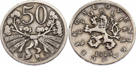 Czechoslovakia 50 Haleru 1925 Key Date
KM# 2, Schön# 6; N# 3970; Copper-nickel; VF-XF