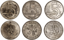 Czechoslovakia 3 x 5 Korun 1928 - 1930
KM# 11, Schön# 9; Silver; VF-XF