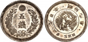 Japan 5 Sen 1876 (9)
Y# 22; N# 13961; Silver., Prooflike; Meiji; AUNC/UNC with minor hairlines & mint luster
