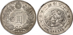Japan 1 Yen 1896 (29) GIN Counterstamp NGC AU 53
Y# 28a.2, JNDA# 1-10C; N# 135906; 年九十二治明; Silver; Meiji