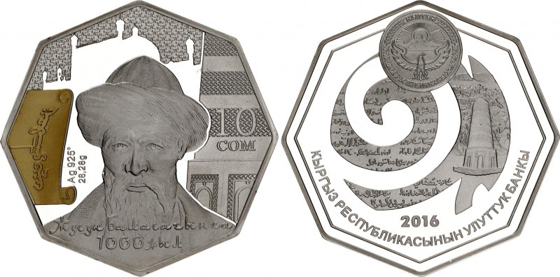 Kyrgyzstan 10 Som 2016
KM# 75; Silver., Proof., Guilted; 1000th Anniversary of ...