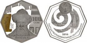 Kyrgyzstan 10 Som 2016
KM# 75; Silver., Proof., Guilted; 1000th Anniversary of Balasagyn; With original box & certificate