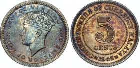 Malaya 5 Cents 1945
KM# 3a; Silver; George VI; UNC with beautiful toning