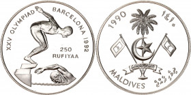 Maldives 250 Rufiyaa 1990 AH 1410
KM# 80; Silver., Proof; Olympiad in Barcelona 1992; Swimming