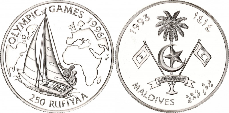 Maldives 250 Rufiyaa 1993 AH 1414
KM# 85; Silver., Proof; Olympiad 1996; Sailin...