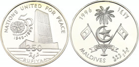 Maldives 250 Rufiyaa 1995 AH 1416
KM# 101; Silver., Proof; 50th Anniversary of the United Nations
