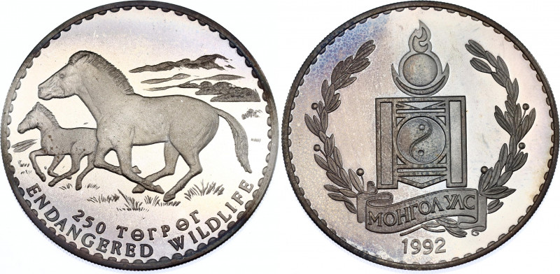 Mongolia 250 Tugrik 1992
KM# 100; Silver., Proof; Przewalski's Horses; With nic...