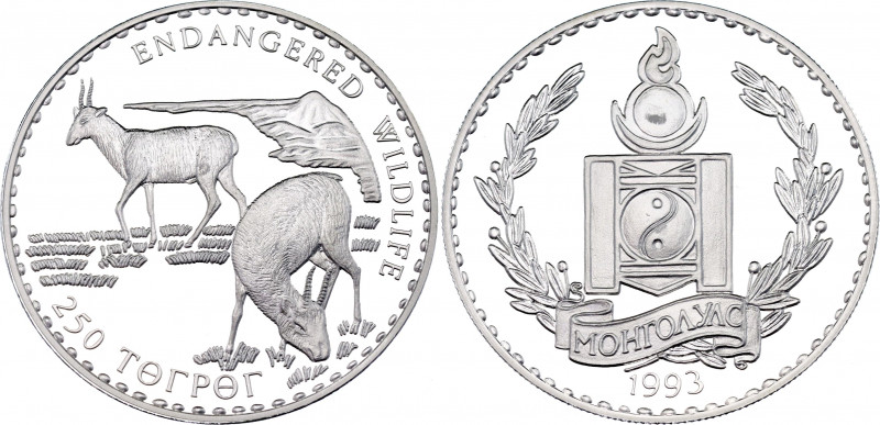 Mongolia 250 Tugrik 1993
KM# 110; Silver., Proof; Saiga Antelope