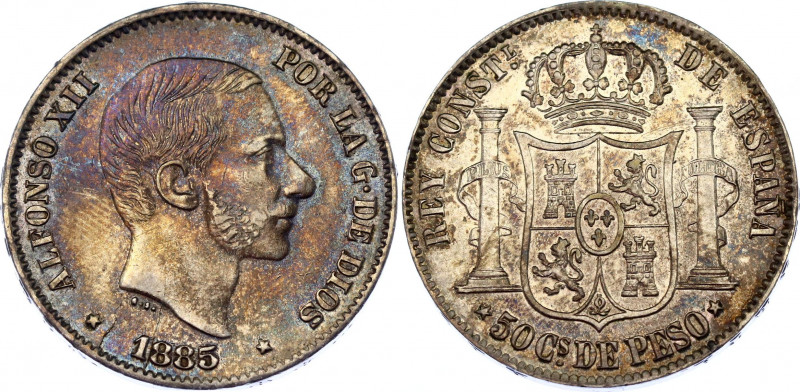 Philippines 50 Centimos de Peso 1885
KM# 150; N# 33991; Silver; Alfonso XII; AU...