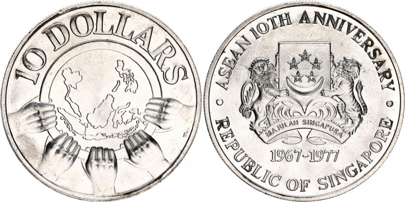 Singapore 10 Dollars 1977
KM# 16; Silver; ASEAN 10th Anniversary; UNC