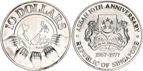 Singapore 10 Dollars 1977
KM# 16; Silver; ASEAN 10th Anniversary; UNC